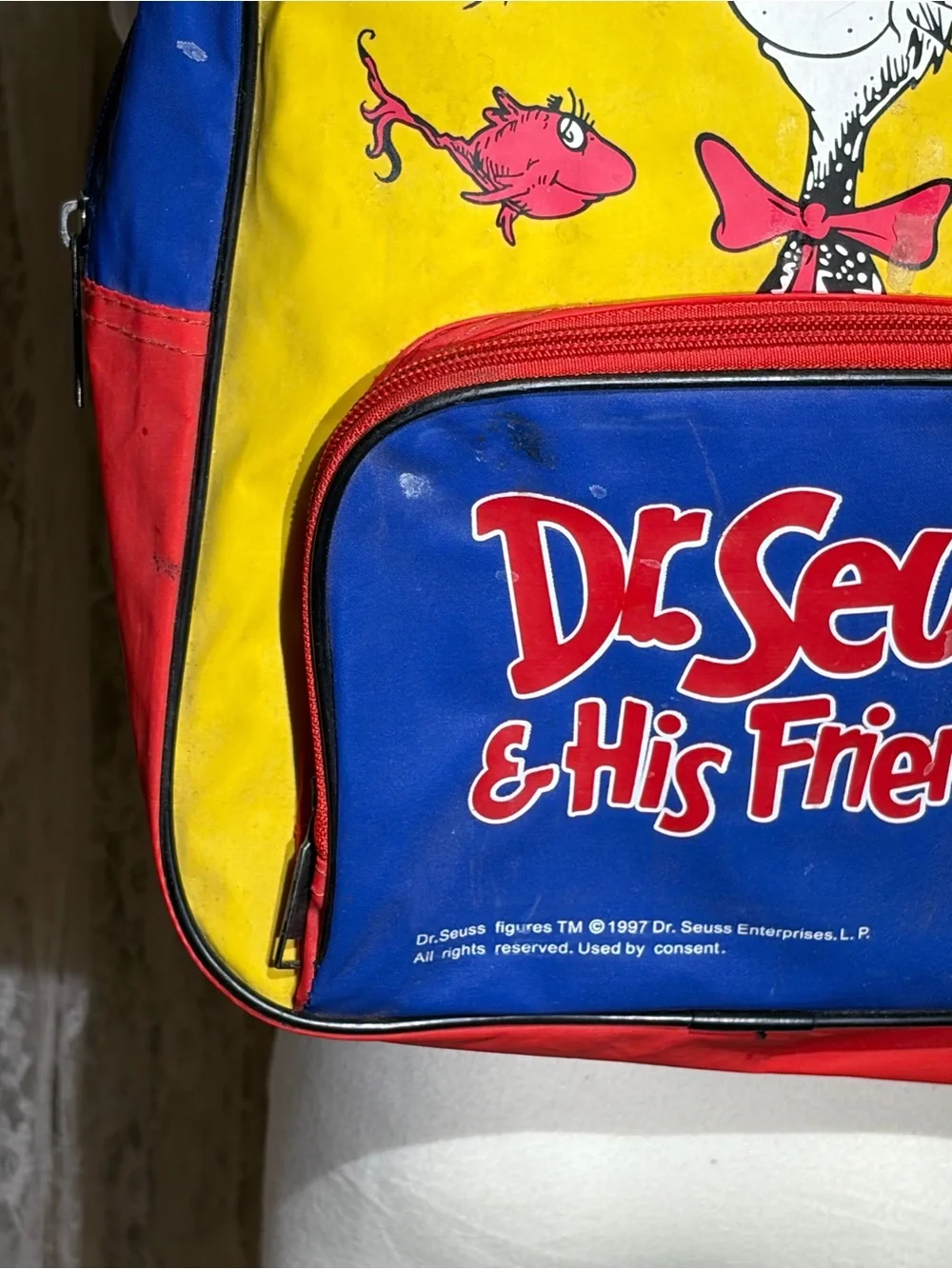 Dr. Seuss Yellow Blue Red Kids Backpack with Cat in the Hat